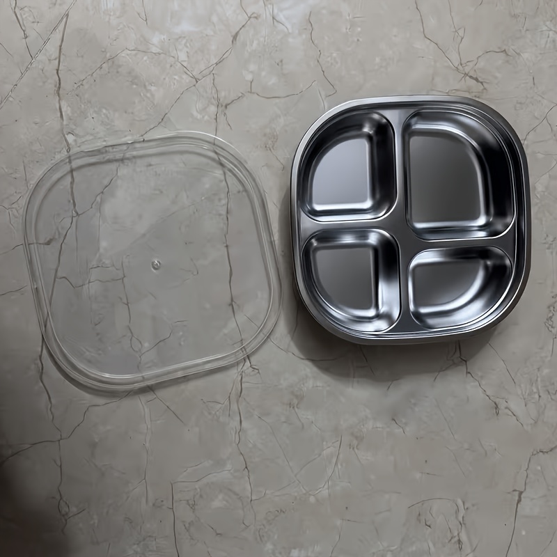TEMU Assiette compartimentée en acier inoxydable à 3/4 sections avec couvercle, assiette de contrôle des , plateau de cantine commercial, assiette à