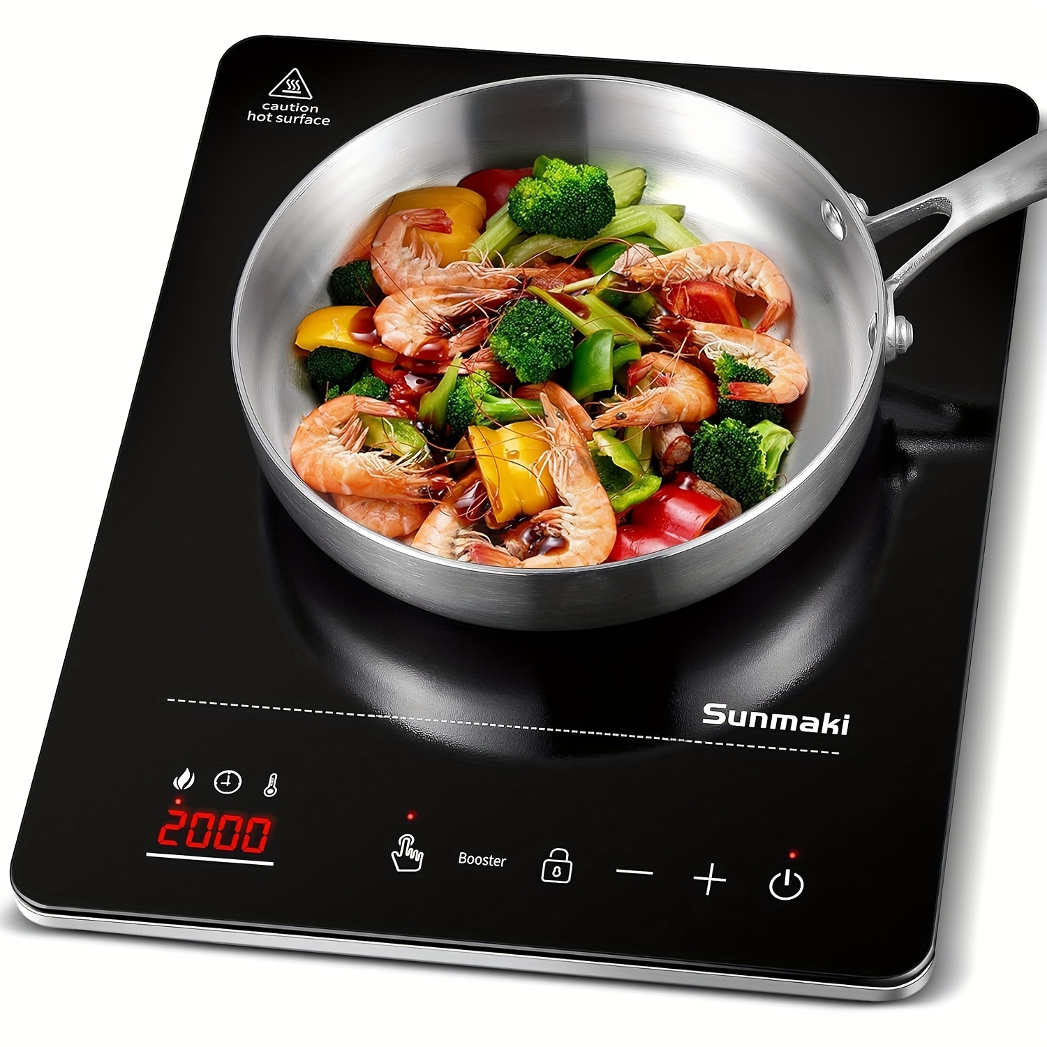 

2000w Stainless Steel Induction Cooktop With , 3-hour Timer, 10 Power Levels & Temperature Settings - Quick Meals Like Stir-fry Shrimp & Vegetables