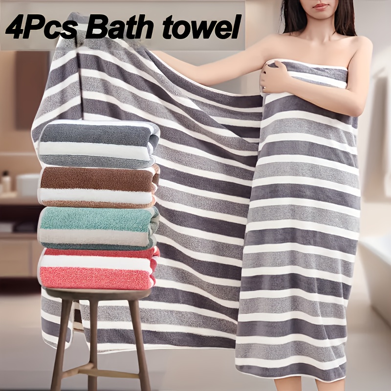 TEMU 4-pack Striped Luxury Household Bath Towel Set, Drying Household Large Bath Towel, Suitable For Bath, Bath, Home Use, Bathroom Cleaning Towel,