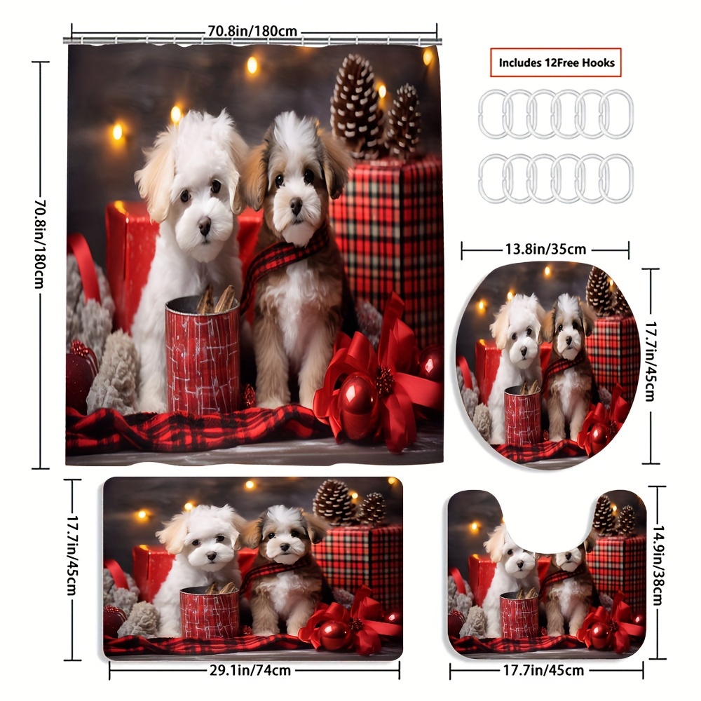 1/4pcs Schnauzer Christmas Shower Curtain Set, Bathroom Decor Kit Printed  High Quality Liner with Non-Slip Mat Toilet Cover, 12 Plastic Hoo