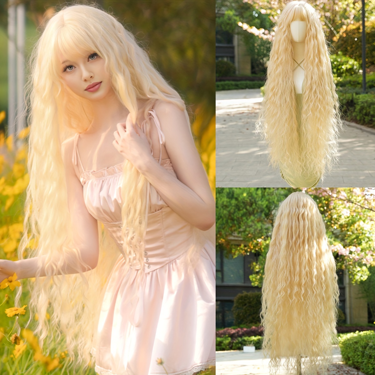 

7jhh Wigs Viscose Blonde Long Hair Wig, High Density Heat Resistant Synthetic Wig With Bangs, Cap, 44-inch For Cosplay And