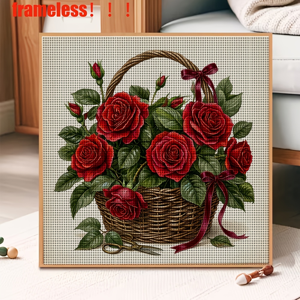 DIY Cross-Stitch Printed Kit, Woven Basket with Red Roses