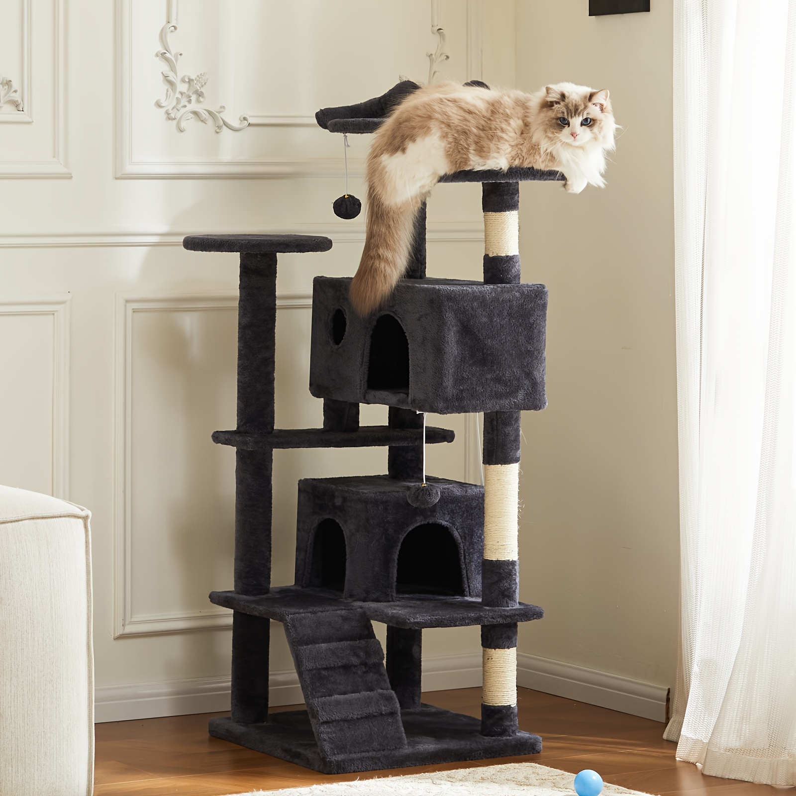 

54in Multi-level Cat Tree For Indoor Cats With Scratching Post, Climbing Ladder, Large Cat Furniture Condo House, Pet Toy, Dark Grey