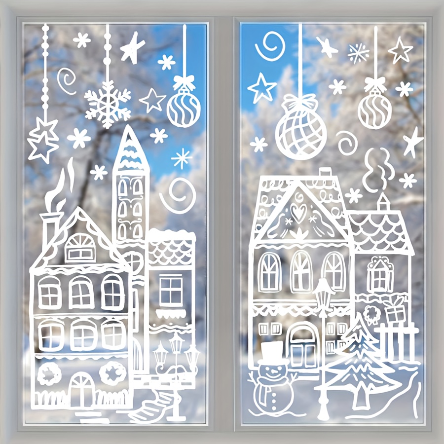 TEMU 4pcs Large Christmas Window Clings - Double-sided Snowman & Snowflake Decals For Festive Glass Decoration, Perfect For Holiday Party Ornaments