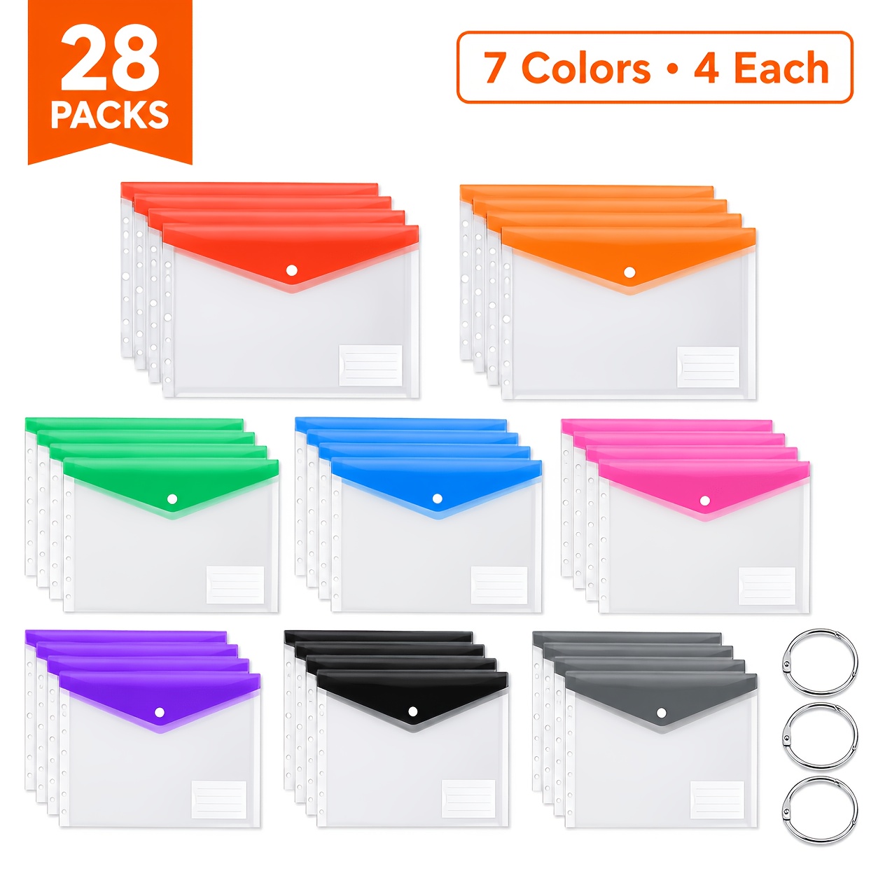 TEMU 28-pack A4 Transparent File Organizer Set With Binders, 7 Assorted Colors A4 Document Folders With 11-hole Edge, Snap Closure And Front Label