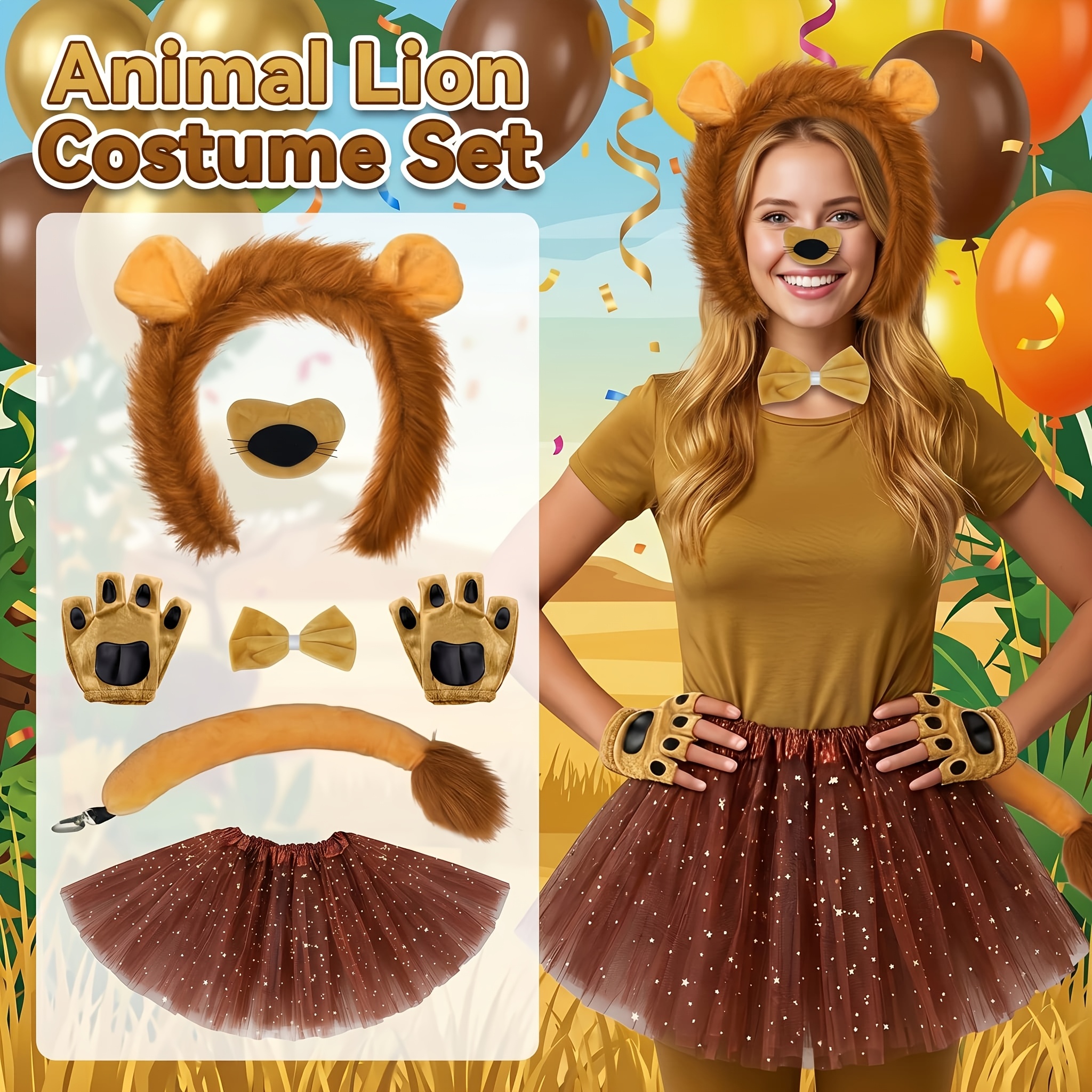 TEMU 7pcs Plush Lion Costume Set For Adults Women, Fluffy Mane Ear Headband Tutu Skirt Gloves Tail Nose Bow Tie Kit, Animal Cosplay Role Play For