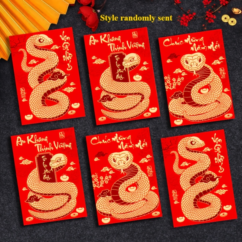 

6pcs Traditional Vietnamese Red Envelopes For 2025 - Snake Zodiac Design, Self-sealing, Paper Material, Red & Golden With Floral