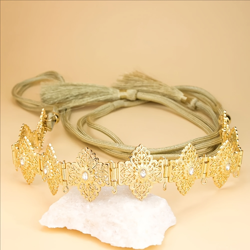 Image of 1 Chic Middle Eastern Wedding Belt Moroccan Caftan Cord Belt With Yellow Tassels And Rhinestone Embellished Metal Women's Waistband Adjustable Length Arabic Bridal Attire Accessory