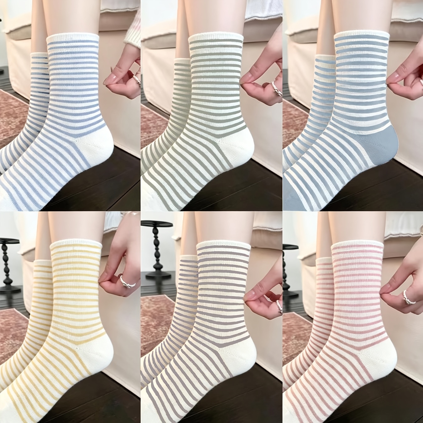 TEMU 6 Pairs, Light And Thin Striped Women's Mid-tube Socks - Breathable Knitted Fabric, Classic Striped Design, Fashionable, Comfortable And