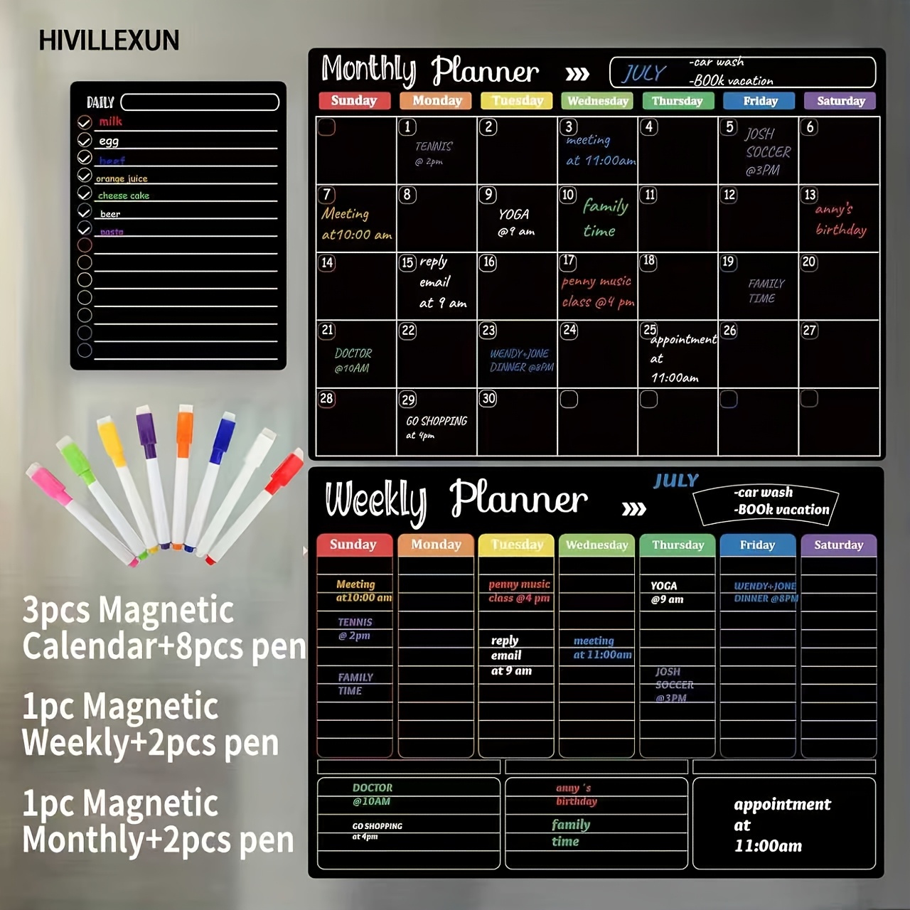 3pcs Magnetic Calendar And 8pcs Pens, 1pc Magnetic Weekly And 2pcs Pens, 1pc Magnetic Monthly And 2pcs Pens, Magnetic Boards for Refrigerator, Monthly, Weekly Organizer And Daily Notepad, Wall And Fridge Family Boards