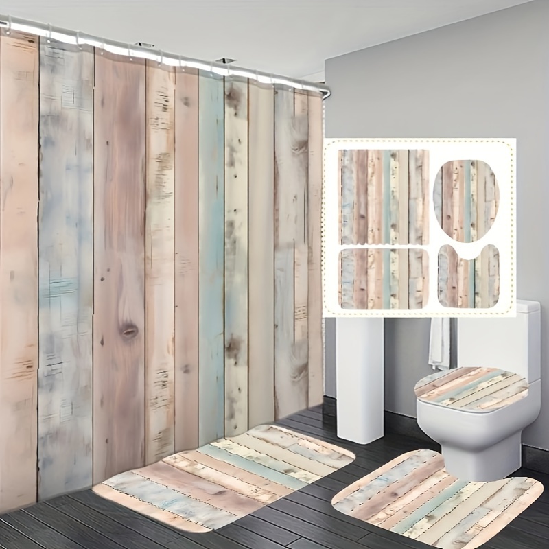 

1/3/4pcs Wood Grain Pattern Shower Curtain Set, Waterproof Bathroom Partition Curtain With Hooks, Non-slip Bath Rug, Toilet U-shape Mat, Toilet Lid Cover Mat, Bathroom Accessories