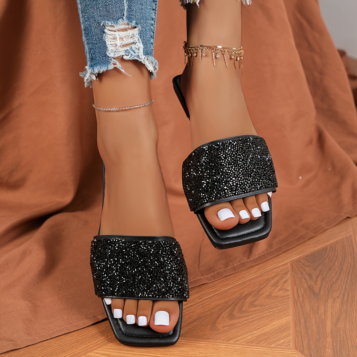 

Women's Summer Flat Slides, Glitter Rhinestone Embellished Fashion Pvc Slip-on Sandals, Square Toe Non-slip Casual Beach Shoes