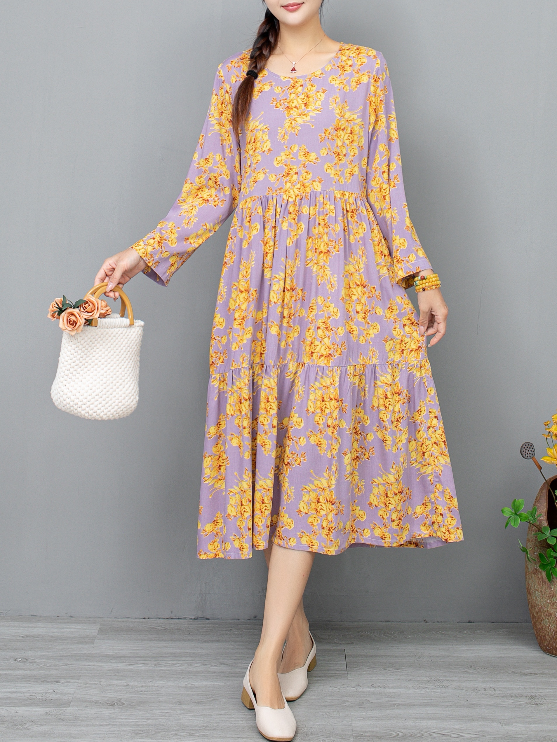 floral print crew neck dress elegant long sleeve a line dress for spring fall womens clothing