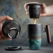 handmade ceramic coffee tea mug set large ceramic strainer creative retro mug cup pottery mug business gift set details 1