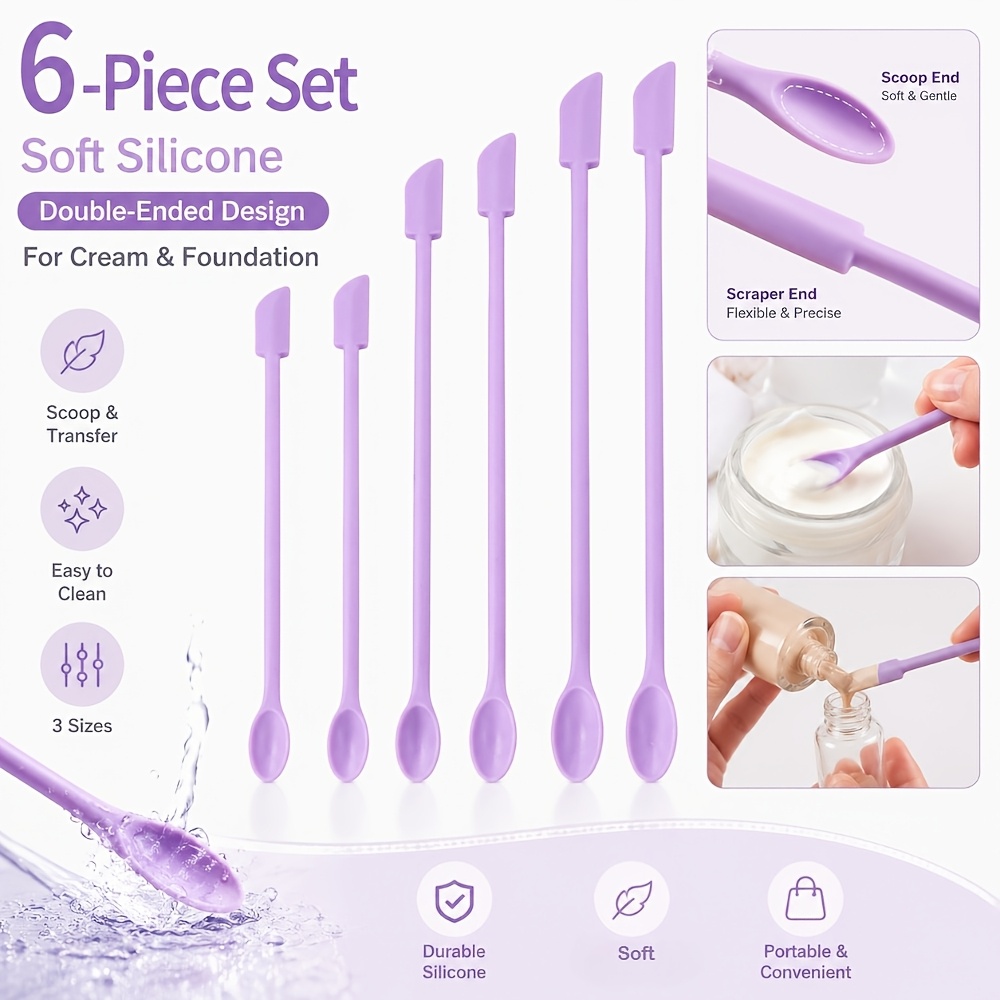 TEMU 6pcs Set Of Purple Double-ended Silicone Cosmetic Scoops , L Sizes, For Dispensing And Scraping Out Foundation, Scraping Out Residue From Empty