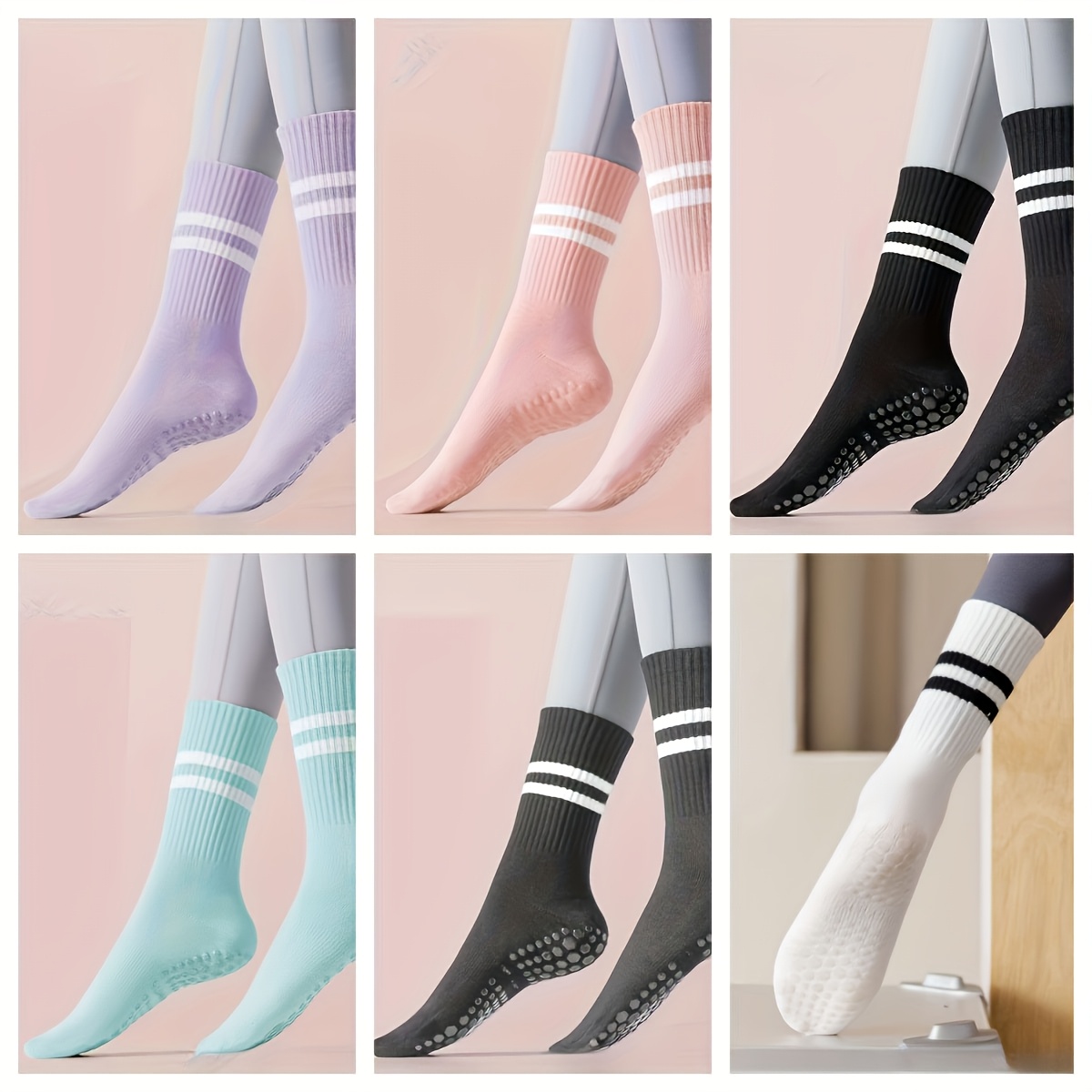 TEMU 6 di Calzini a Mezzo Polpaccio per Donna con Suole Antiscivolo in Silicone, Ideali per Pilates, Esercizi Indoor Invernali - Opzioni Multicolore