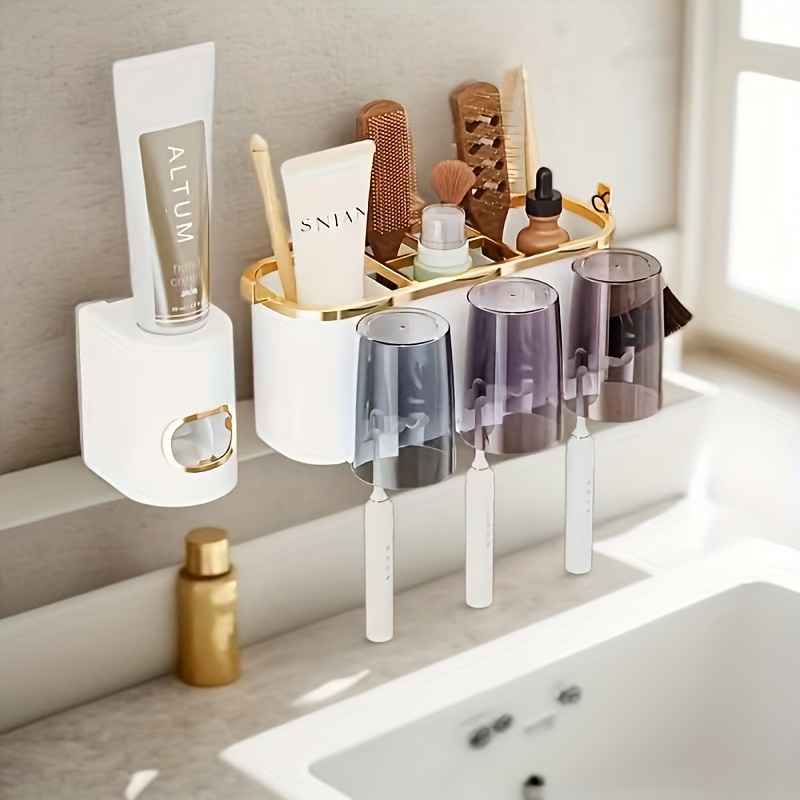 TEMU Contemporary Bathroom Storage Rack That Mounts On The Wall, Featuring A Gold-finished Shelf. This Durable Plastic Multifunctional Holder Is Designed For Toothbrushes, Toothpaste, And Mouthwash