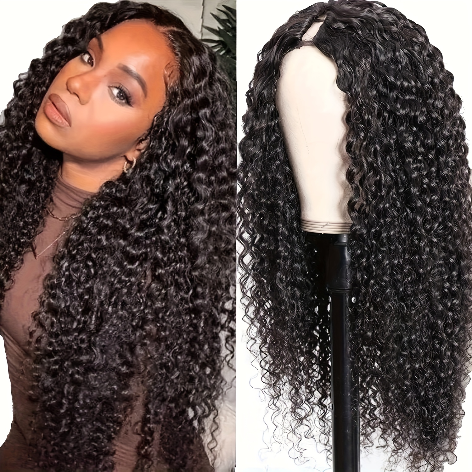 Image of Brazilian Human Hair Wig For Women - V/u Part Half Wig With 180% Density, Glueless Clip In Suitable For , V Shape Hairpiece For Dreadlock & Twists Styles