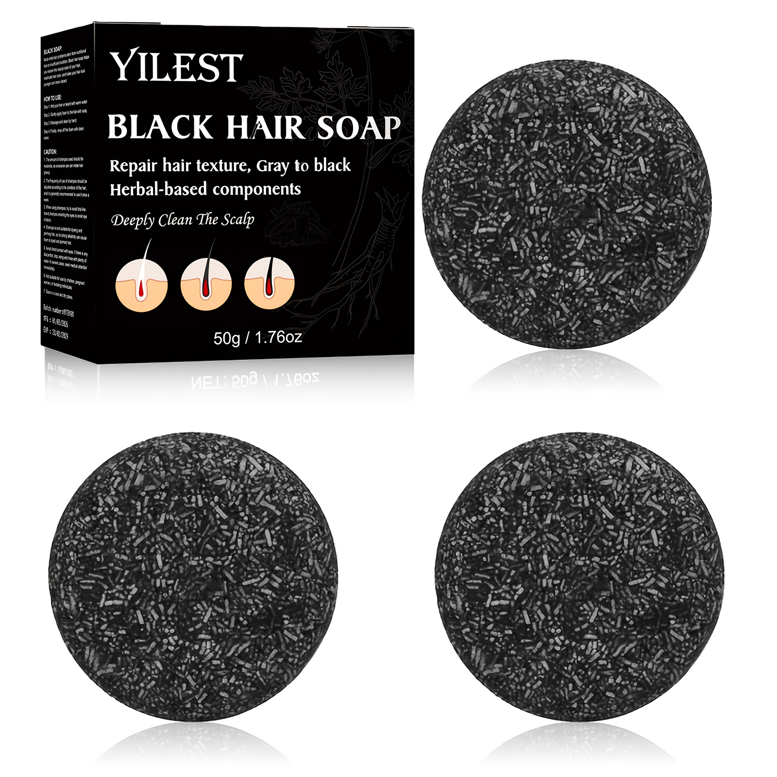 Image of 3pcs Of Black Hair Soap, Containing Polygonum Multiflorum, Black Sesame Seeds, Castor Oil, Coconut Oil, Etc., Your Hair Black And Shiny, More Natural And Smooth, And