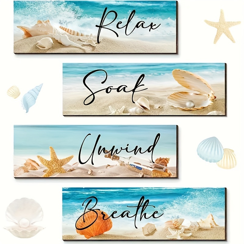 

[top-] 4pcs Wooden Decor Set - Starfish & , -install Adhesive Included, For Bathroom & Decoration