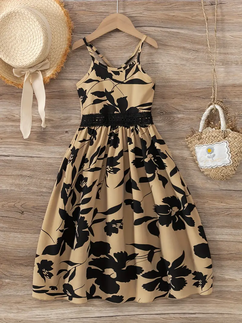 Young Girl * * Leaf Print Beach Dress with Hollow-Out Lace Waist Cincher and Spaghetti Straps, Summer Off-Shoulder Backless Cool L Young Girl * * Leaf Print Beach Dress with Hollow-Out Lace Waist Cincher and Spaghetti Straps, Summer Off-Shoulder Backless Cool L