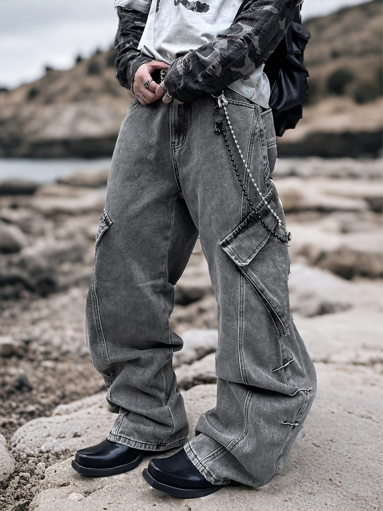Baggy Chain Detail Cargo Pants SHEIN Coolane Chain Detail Cargo