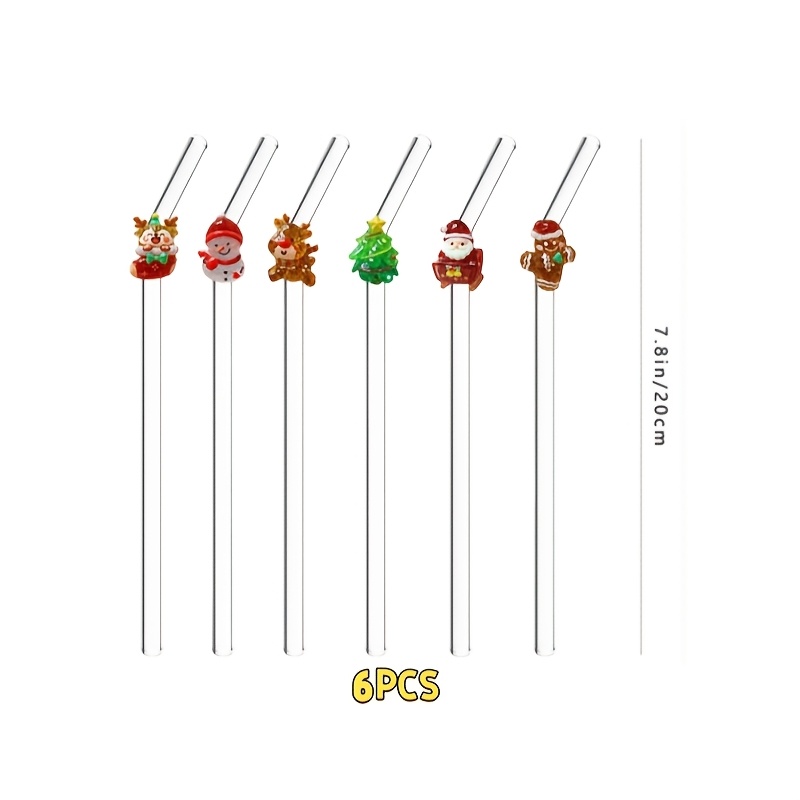 TEMU 6pcs Reusable Clear Bent Glass Straws Decorated With Glitter Christmas Ornaments, Santa Reindeer Snowman Figure Straws For All Hot Cold Drinks,