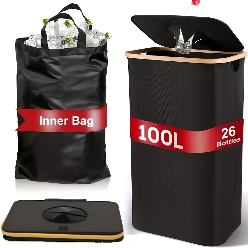 item picture extra large capacity foldable household recycling bin cylindrical open   public area trash can with lid and handle   2 detachable bags and labels a versatile storage basket suitable for storing plastic bottles   saving