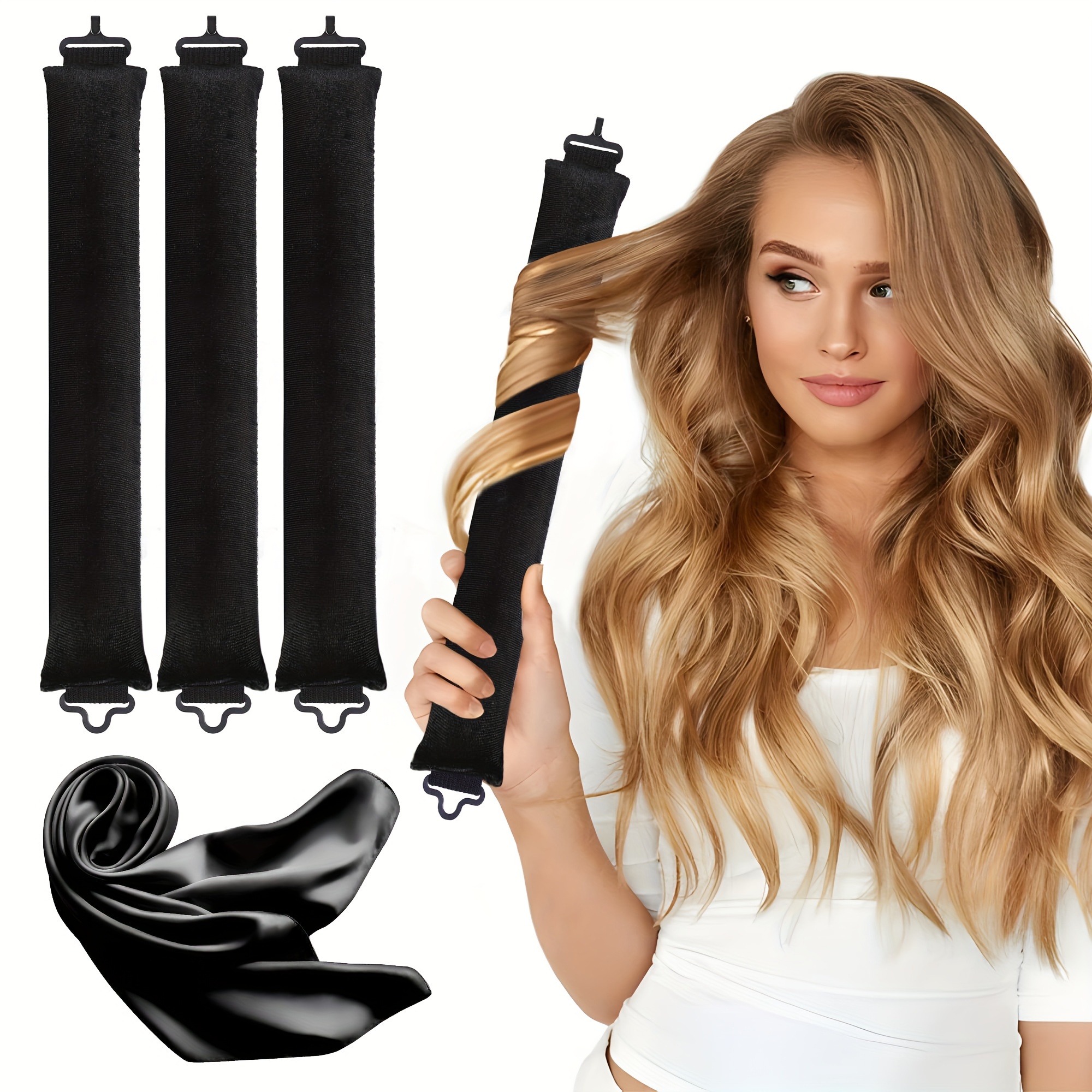 

Effortlessly Waves : Heatless Velvet Overnight Hair Curler Set - Jumbo Overnight Heatless Blowout Rods - Heatless Curling Rods - Heatless Overnight For All Hair Types (3 Rods Set - Black)