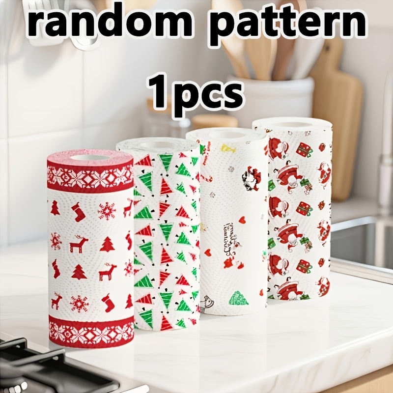 TEMU Random Pattern 1pc-3-layer Thickened Cleaning Roll, Christmas Kitchen Paper Towels | Disposable Home Cleaning Paper, Washable Wet And Dry Use,