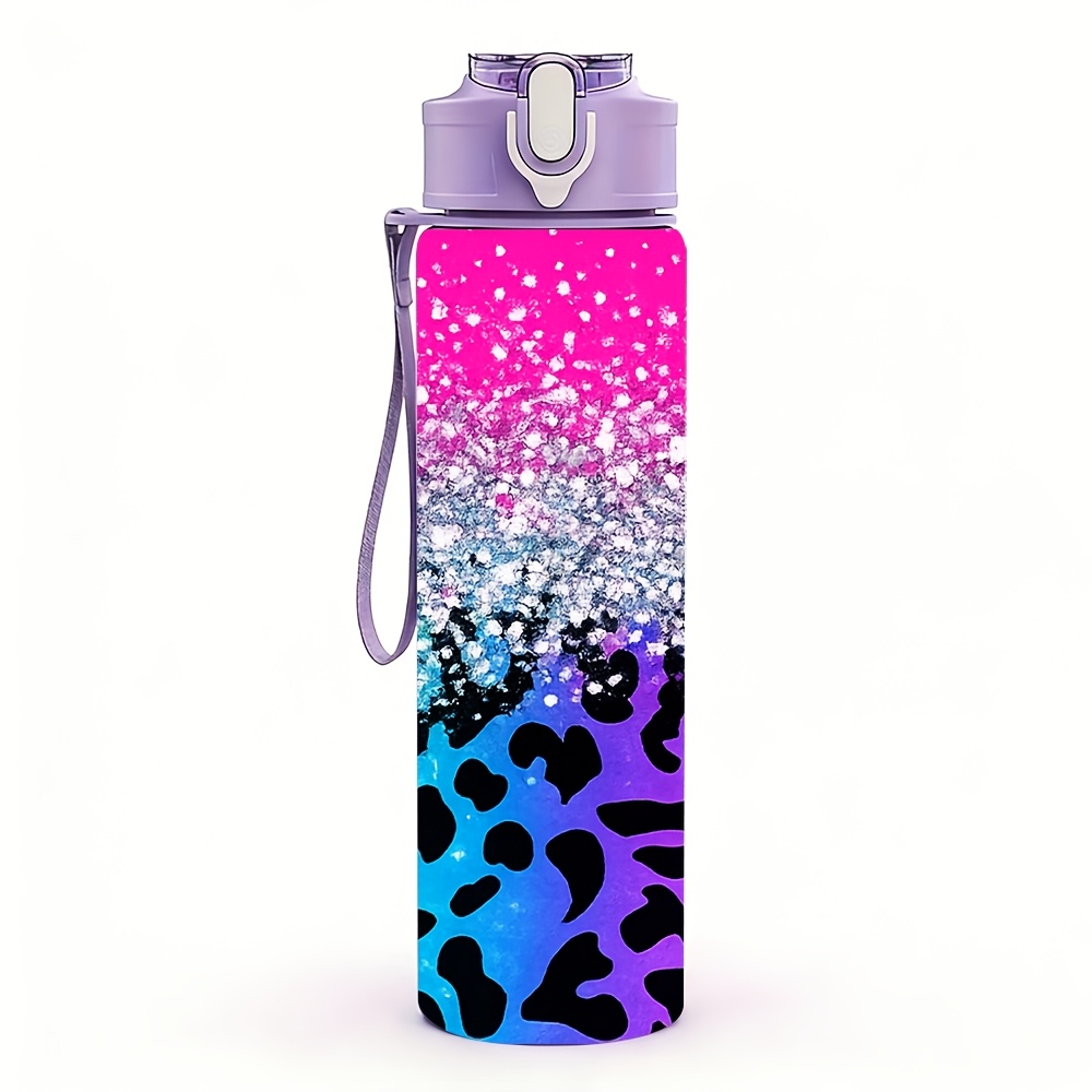 TEMU Bouteille d' 1 pièce 750 ml/26 oz en plastique coloré à imprimé léopard dégradé avec joli imprimé, -fuite avec couvercle escamotable, convient