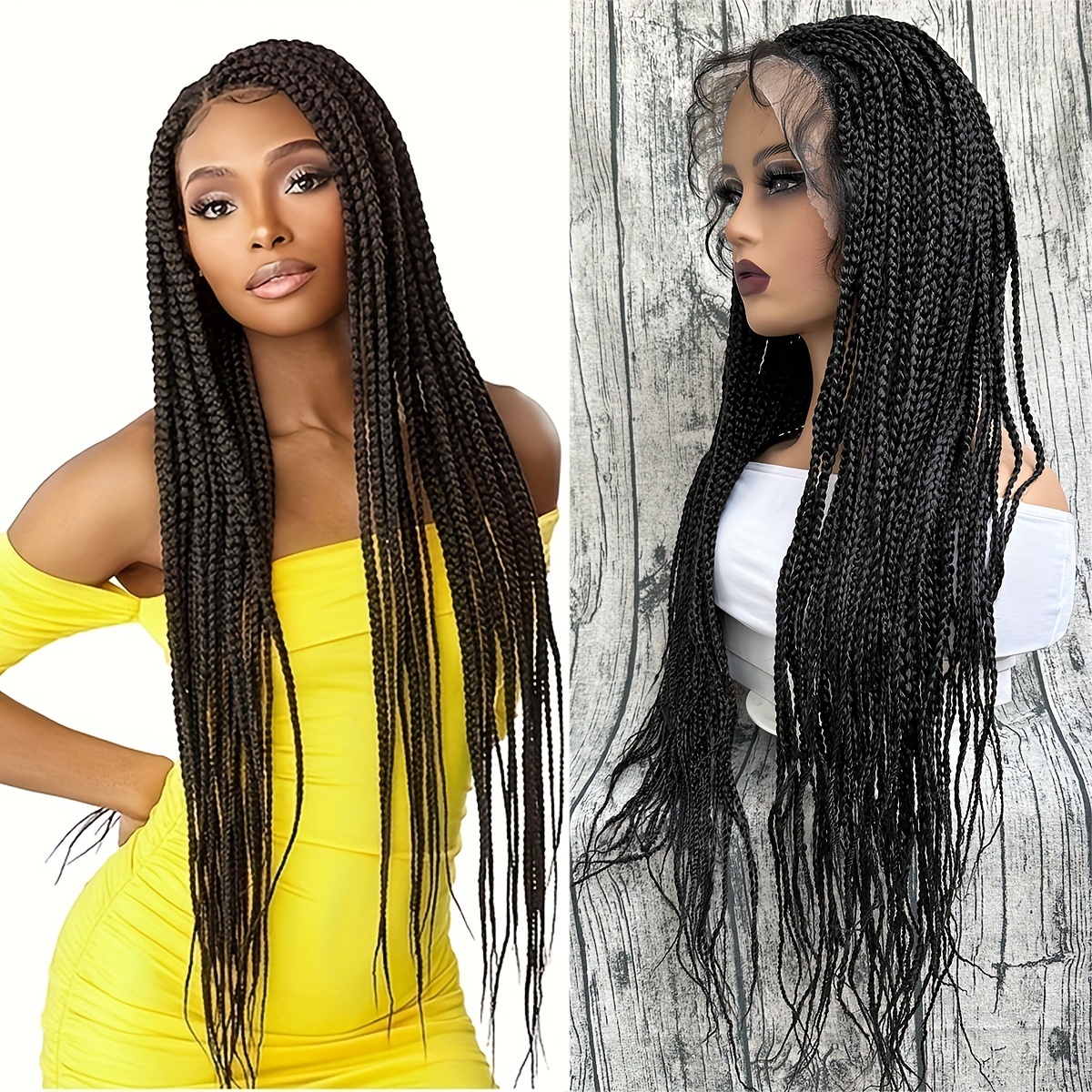 TEMU 32" Full Double Lace Front Braid Wig - Hand Braided, Knotless Cornrow Braids, Lace Frontal, Black Hair, Baby Hair, Natural Looking, Realistic Hairline, Breathable, Comfortable, , For Women