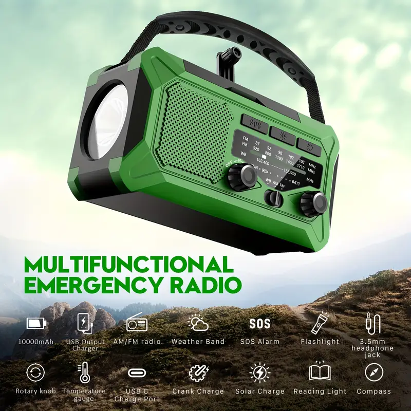36800mwh 1 pack emergency radio with am fm 3 way charging hand crank solar usb sos alarm flashlight reading light thermometer compass 10000mah power bank perfect survival kit for outdoor camping emergencies Product details 3