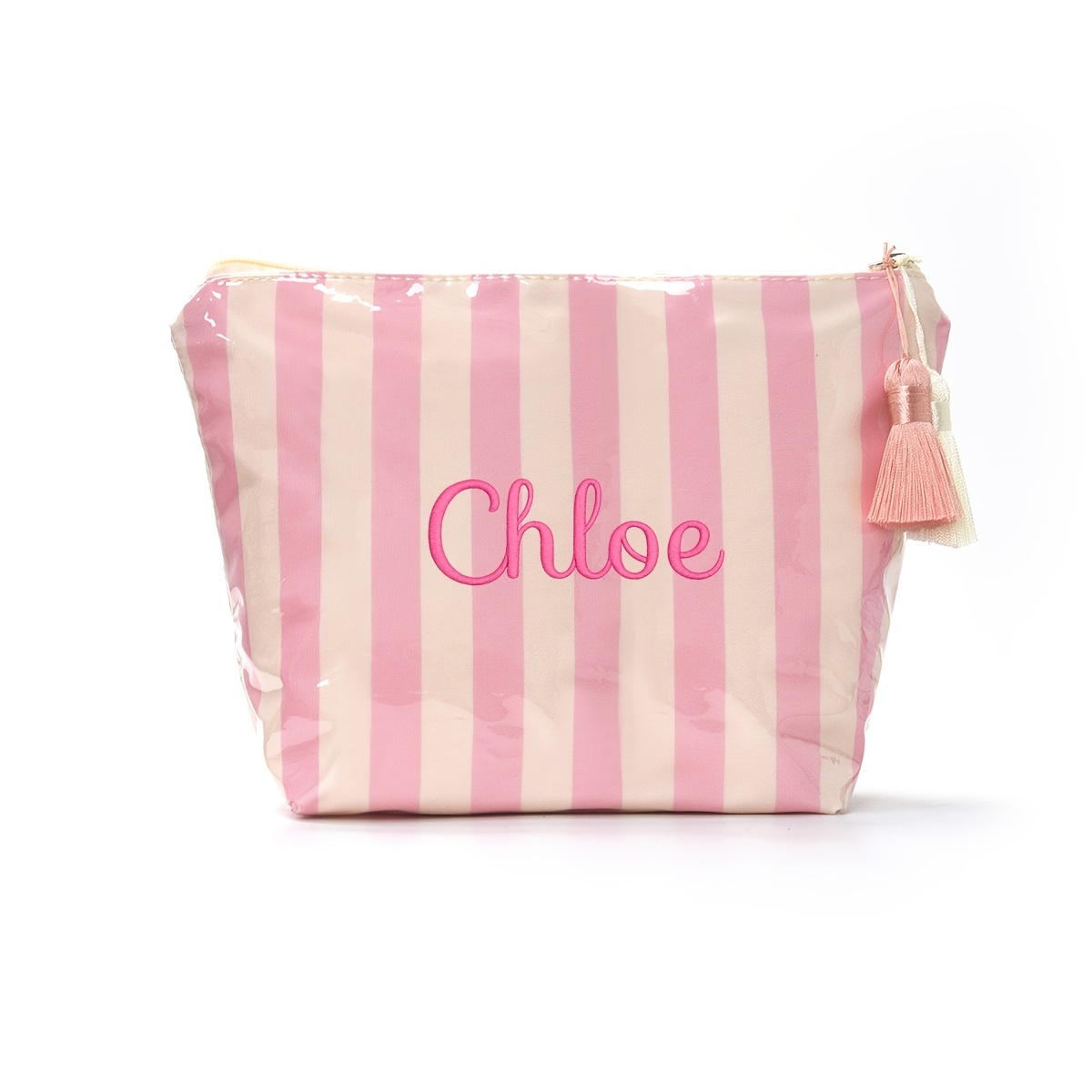 TEMU Trousse de Cosmétique brodée personnalisée avec pompon, organisateur de voyage à rayures et de couleurs avec des couleurs dopamine, sac de