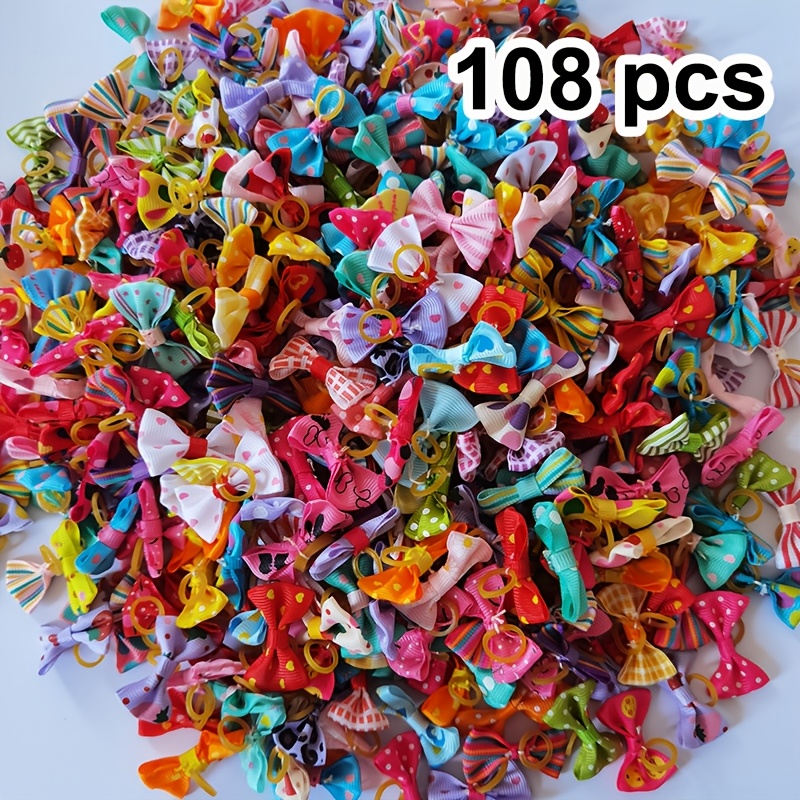TEMU 108pcs Printed Bow Tie Cat And Dog Hair Tie Bow Hair Accessories Handmade Diy Pet Clothing Accessories Pet Grooming Supplies Random Colors Mixed