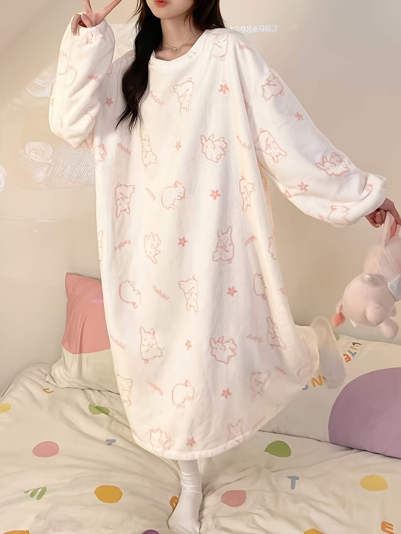 1pc winter flannel night dress women cute animal pattern - Temu New Zealand