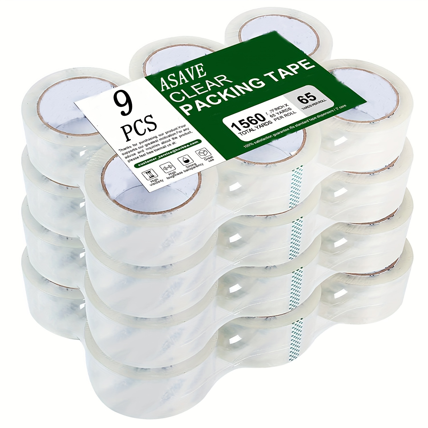 

Asave Heavy Duty Clear Pieceing Tape, 9 Rolls - 1.79" Wide X 65 Yards Each - Waterproof, Ideal For Shipping & Moving