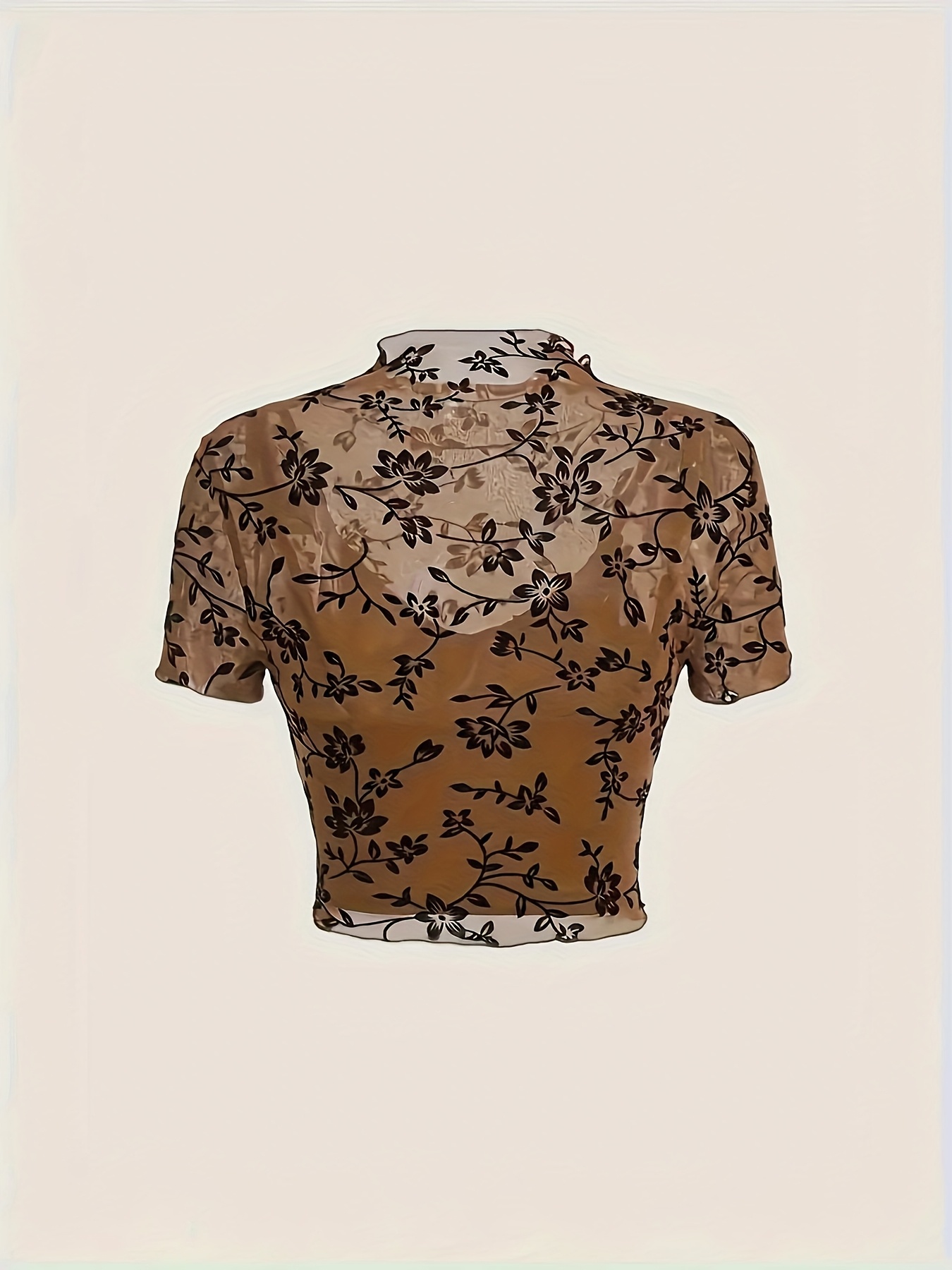 women's sheer floral print mesh crop top sexy short sleeve