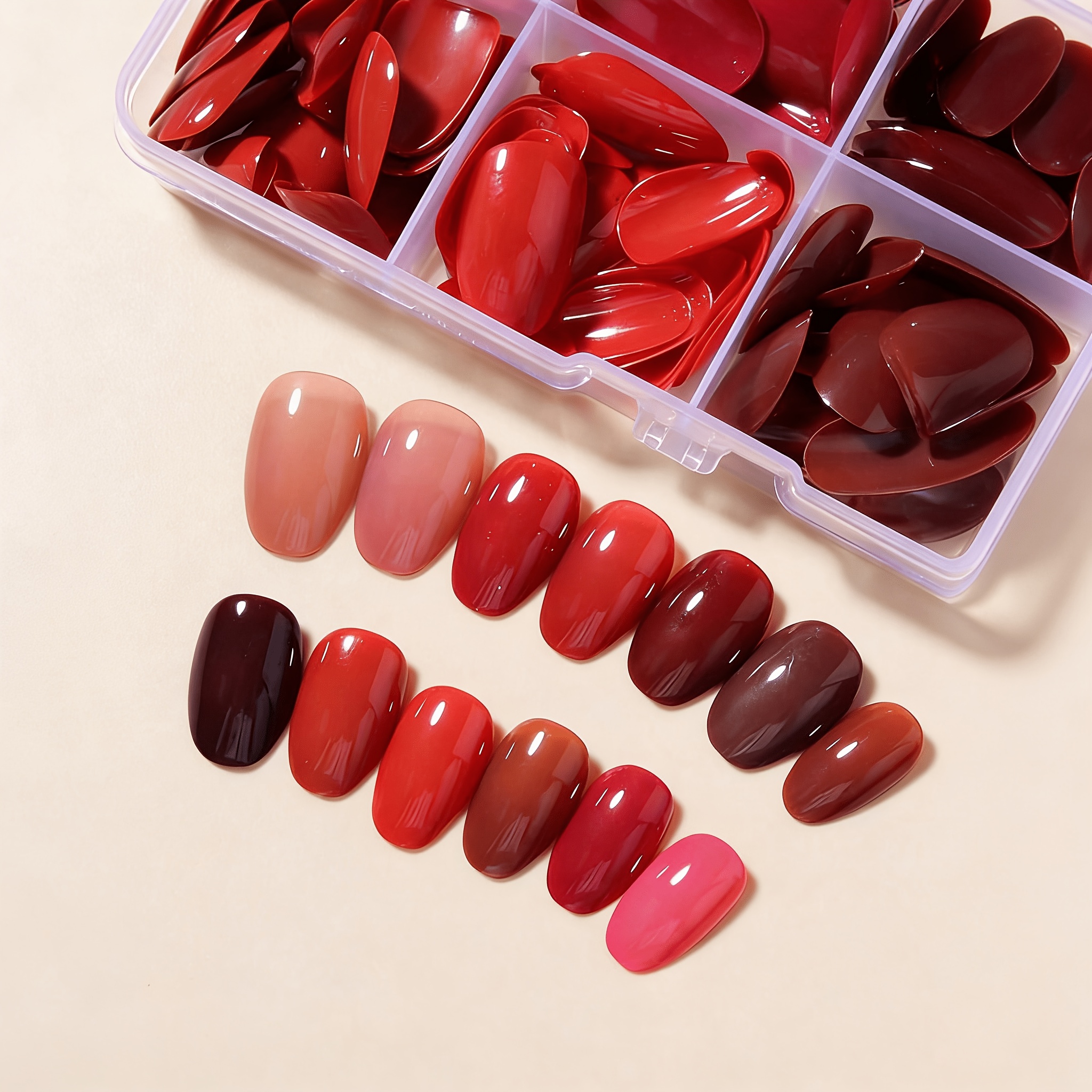 TEMU 300pcs (12 Mix) Short Oval Press On Nails Suitable For Women & - Short Acrylic False Nail Tips With Nude & Brown/red Tips, Full Cover Tips With