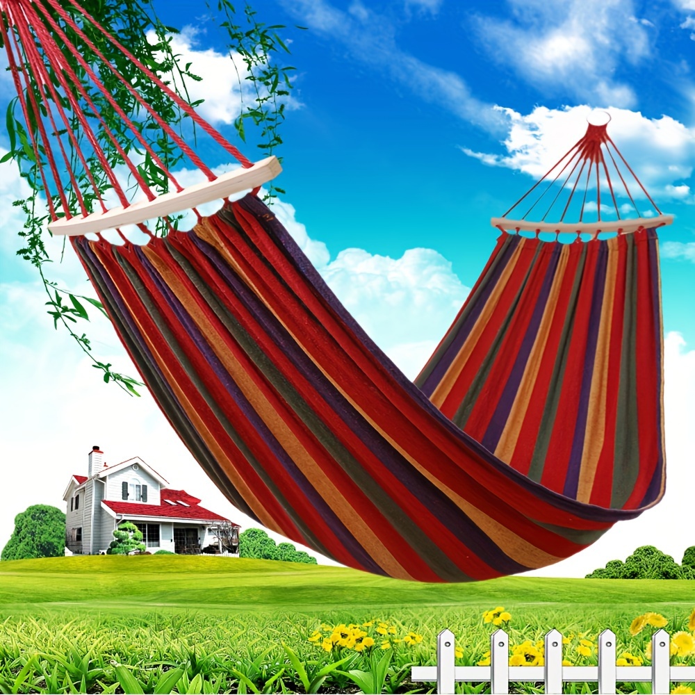 

Portable Single Rainbow Striped Canvas Hammock, Outdoor Travel Camping Swing, Hanging Bed For Backyard & Garden