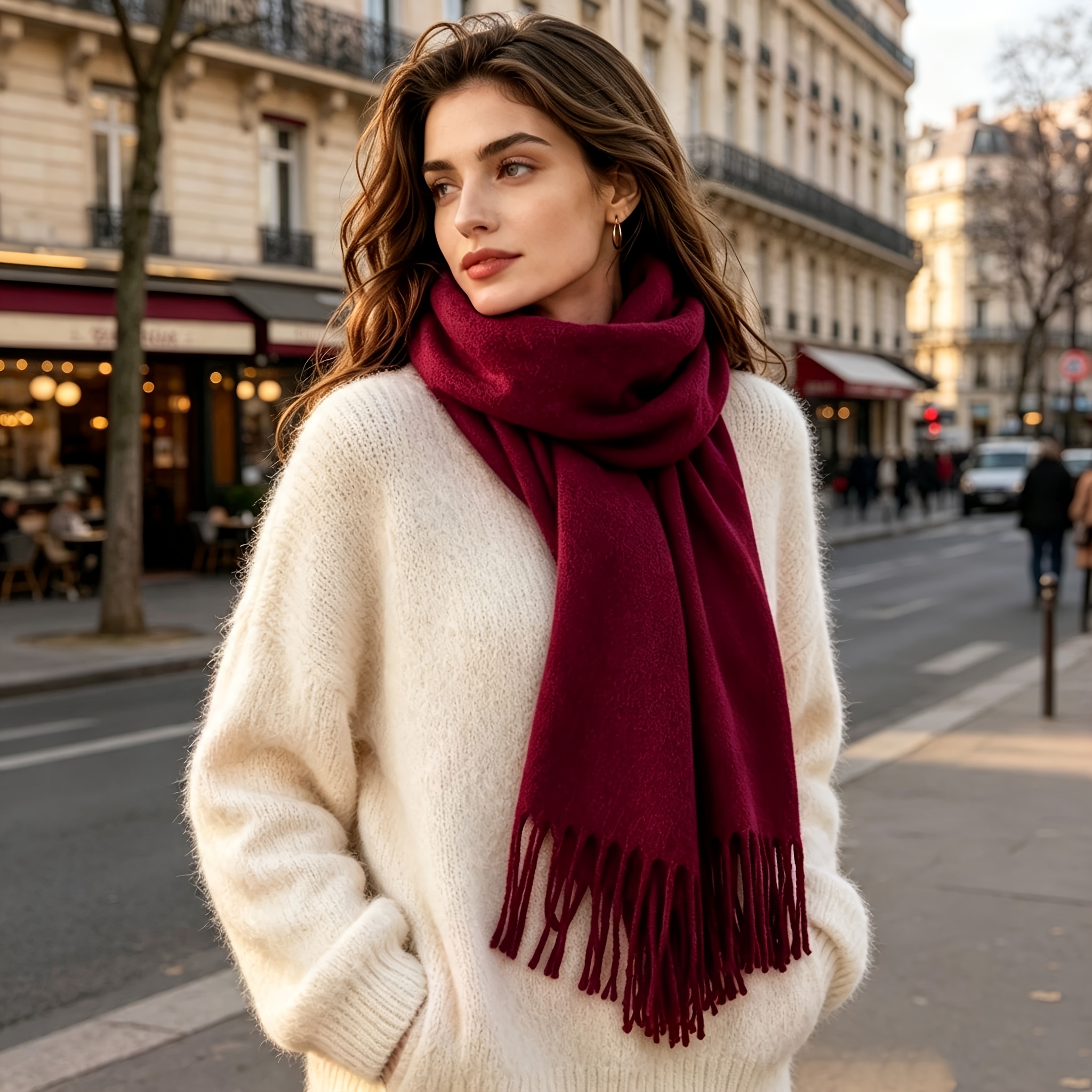 TEMU Écharpe à franges unie automne-hiver, écharpe anti-froid premium polyvalente, couvre-cou chaud, écharpe longue chaude douce et épaisse, unisexe,