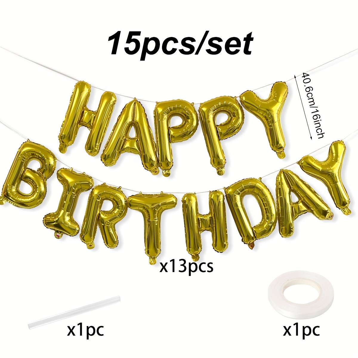 15pcs Of 16-inch Golden Letter Balloon Set, "happy Birthday" Aluminum Film Balloon Set, Suitable For Decoration Of Birthday Parties, For Halloween, Christmas