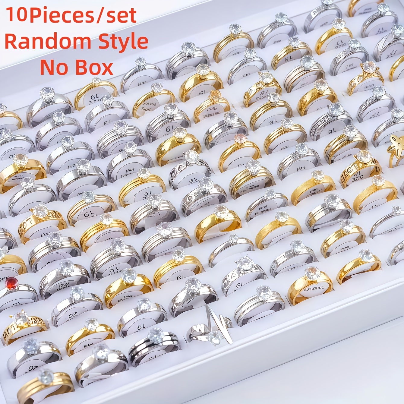 TEMU 10pcs Set Of Women's Fashion Stainless Steel And Synthetic Synthetic Zirconia Rings, Mixed Styles, And Trendy For Weddings, Engagements, And