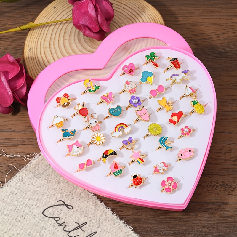 TEMU Girls' Cartoon Ring Set Of 36pcs Love Little Girl Jewelry Gift Prize