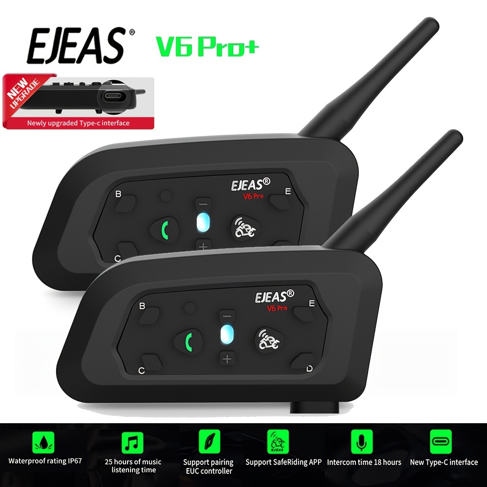 EJEAS V6 Pro Bluetooth Motorcycle Communicator Helmet Intercom 850mAh Noise  Reduction Headset 1200m Interphone for 6 Riders