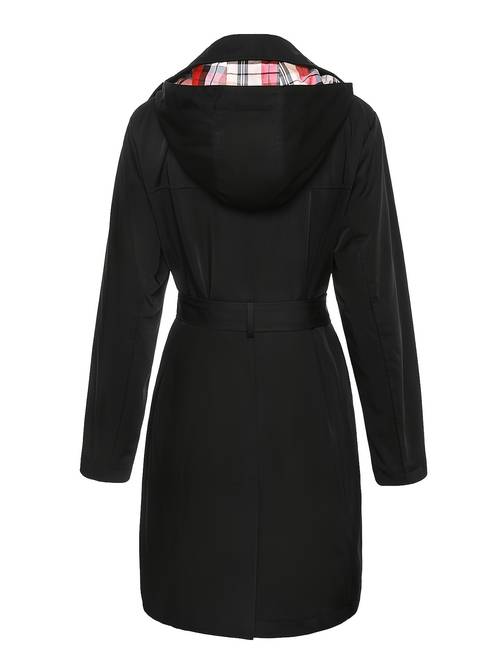 womens double breasted long trench coat with removable hood adjustable belt elegant v neck bow detail solid black winter coat for casual stylish wear durable outdoor wear