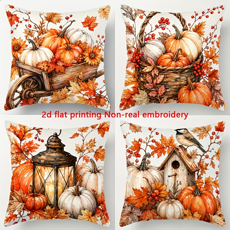 TEMU 4pcs Fall Thanksgiving Pumpkin Maple Leaf Throw Pillow Covers, Polyester Cushion Cases, Double-sided 2d Printed With Hidden Zipper, Multi Sizes