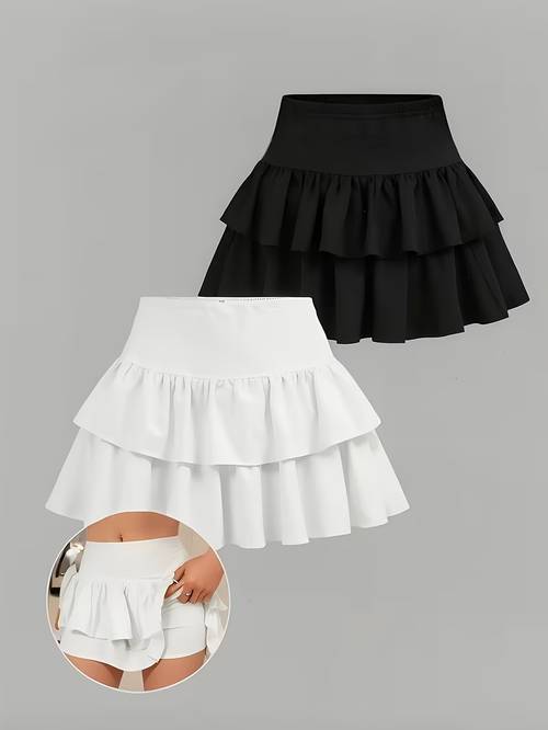 2pcs set girls and big girls short skirt shorts for spring summer autumn elastic knit fabric 2 layer skirt with hem elastic waistband ages 7 16 suitable for outdoor