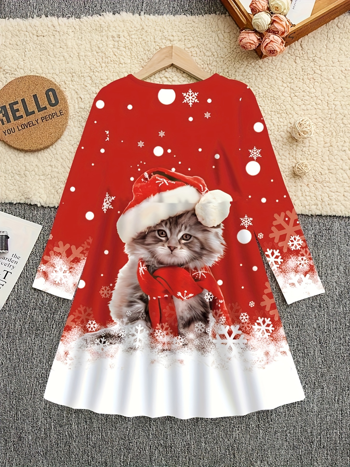 girls' print christmas cat santa hat dress red Temu Nigeria