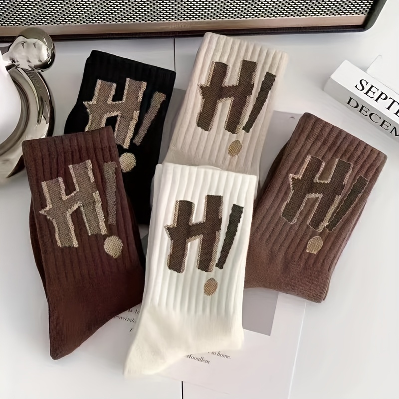 TEMU 5-pair Mixed Pack - Unisex Autumn/winter Letter Hi Design, Solid Color Casual Sports Outdoor Socks